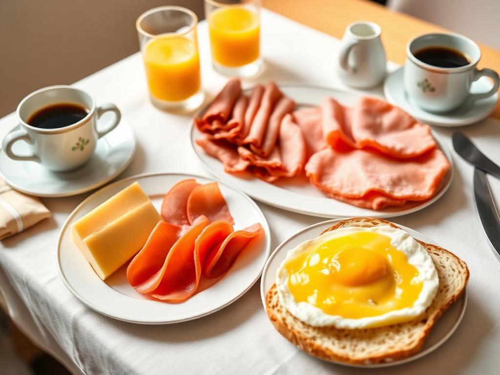 Breakfast plate with bread, cheese, ham and egg