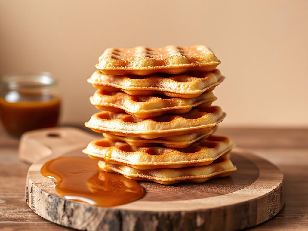 Stroopwafels with caramel syrup on a wooden board